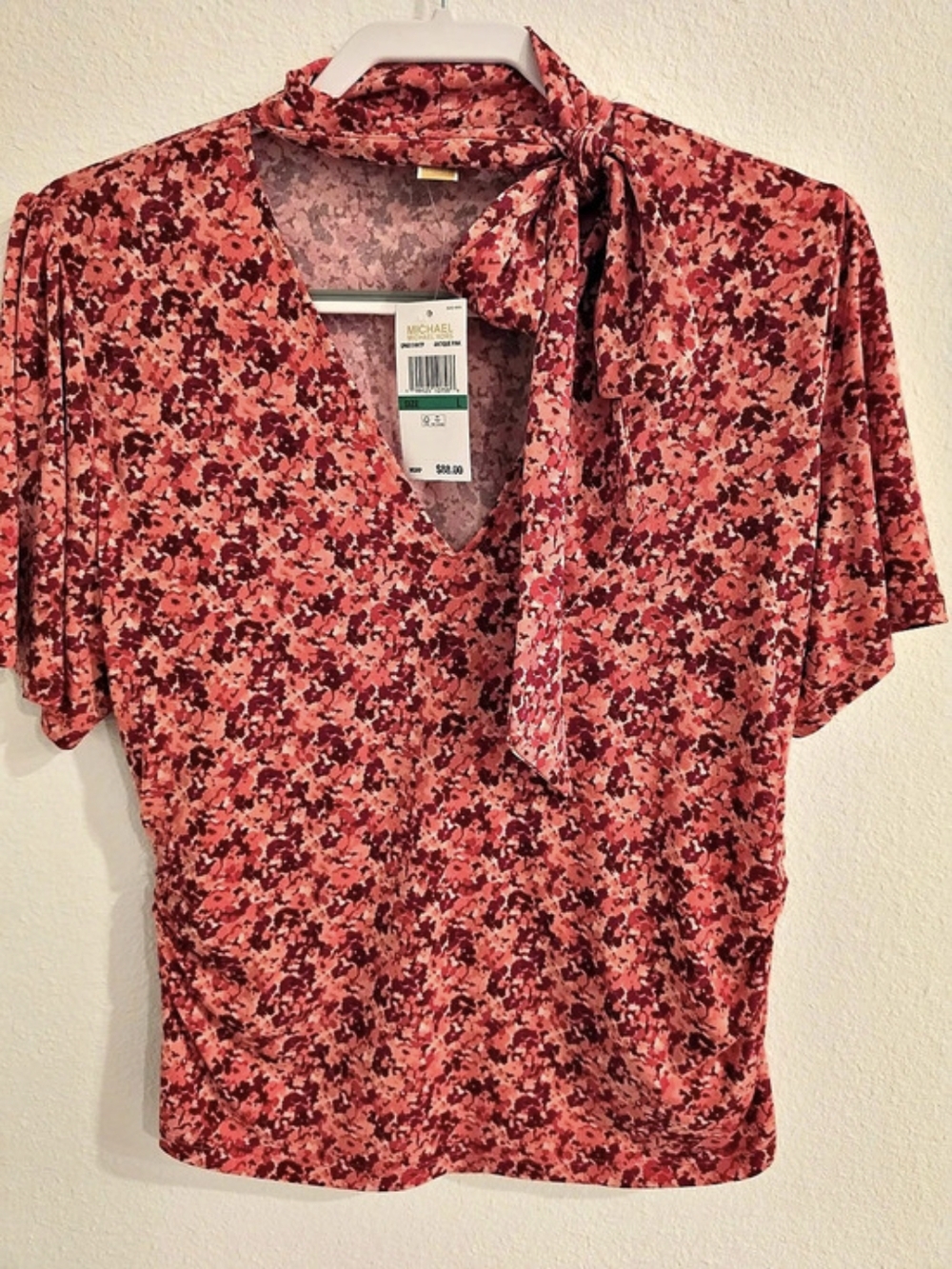 Michael Kors Floral Tie-Neck Blouse in Red & Pink Size Large NWT